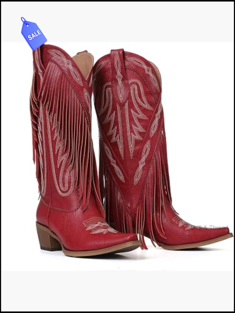 Women's Fringe Knee High Cowgirl Western Boots With Embroidery Chunky Heel